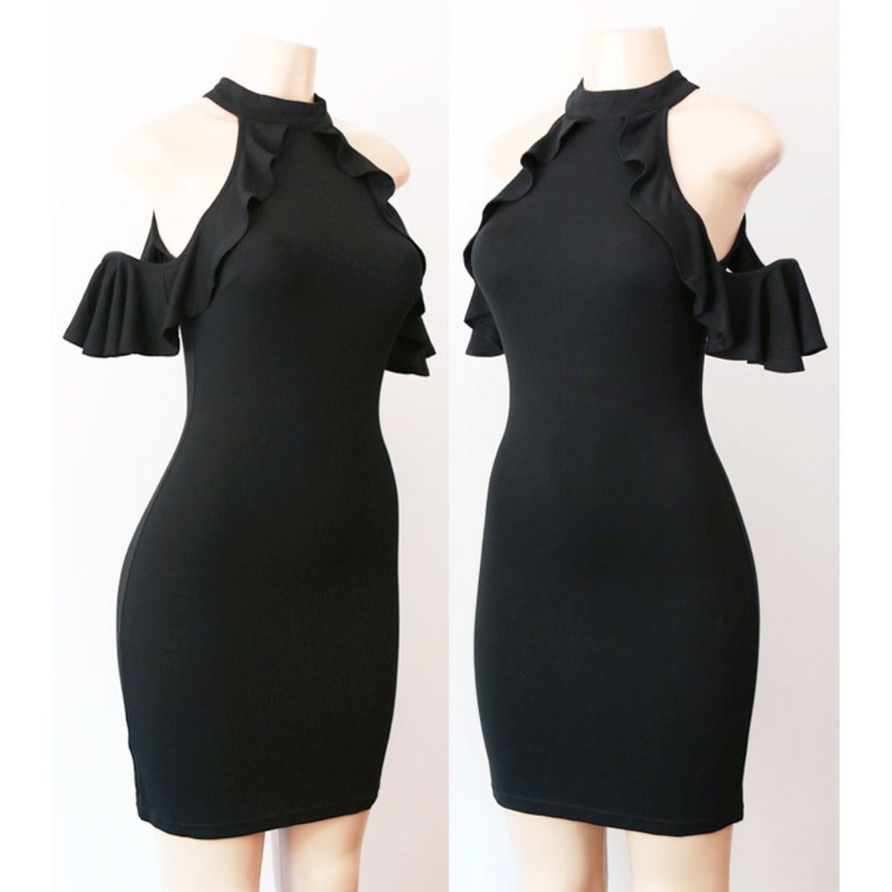Black Mock Neck Ruffle Cold Shoulder Bodycon Dress